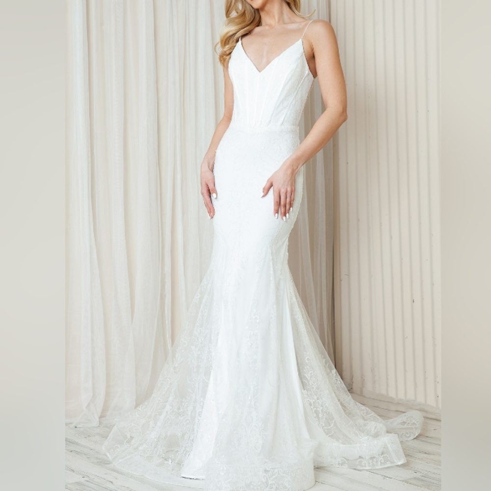 Wedding dress,white mermaid sequin glitter embellished corset open back dress